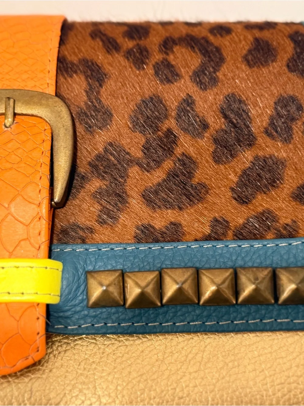 Rare Vintage Genuine Argentine Leather Leopard - print, Gold Clutch